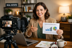 Real estate agent recording an educational YouTube video in a home office while holding a neighborhood market report