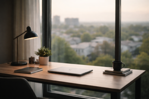Minimalist professional workspace with a desk and laptop near a window, soft natural light and a residential city view outside