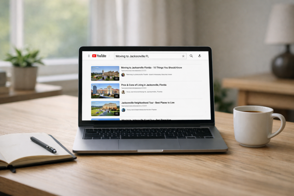 Laptop displaying YouTube search results for “Moving to Jacksonville FL” on a modern home office desk with notebook and coffee, representing how relocation buyers research neighborhoods online.