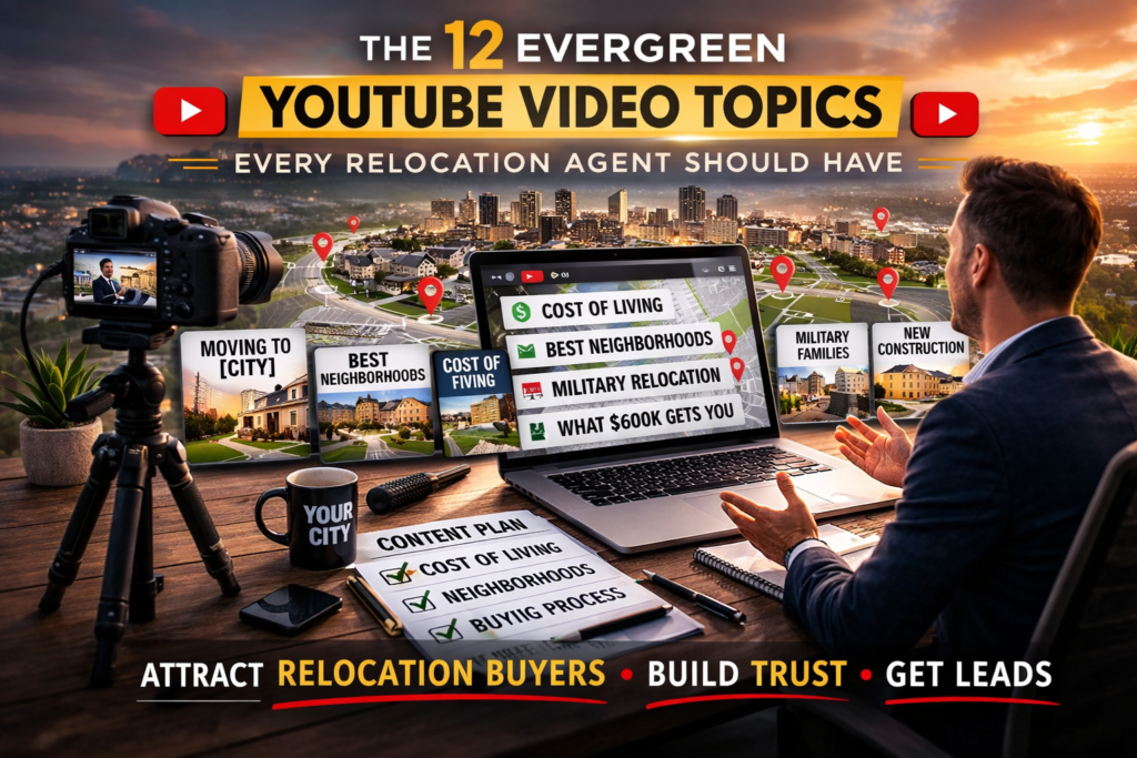 Real estate agent recording an educational YouTube video in a home office setup focused on attracting relocation buyers.