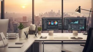 Professional desk with laptop and documents in a calm office setting representing trust and transparency