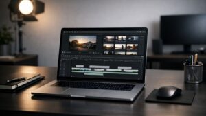 Laptop displaying a clean video editing interface on a professional desk in a modern office