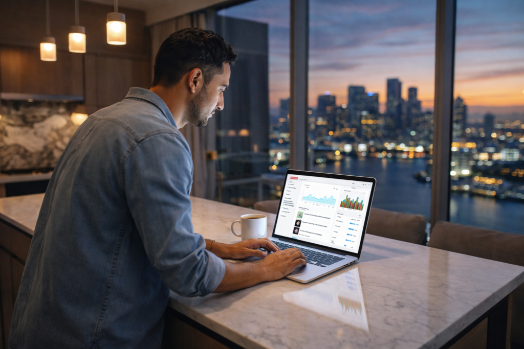 Real estate agent reviewing YouTube marketing analytics on a laptop in a home office workspace