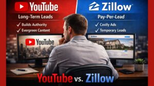 Real estate agent comparing YouTube and Zillow for long-term vs paid lead generation at a desk with dual monitors.