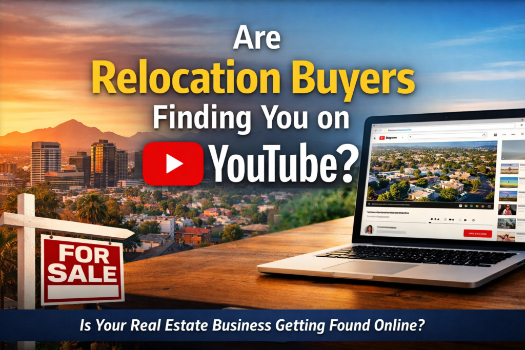 Laptop showing YouTube real estate video with city skyline and for sale sign representing how relocation buyers research cities on YouTube before contacting a real estate agent