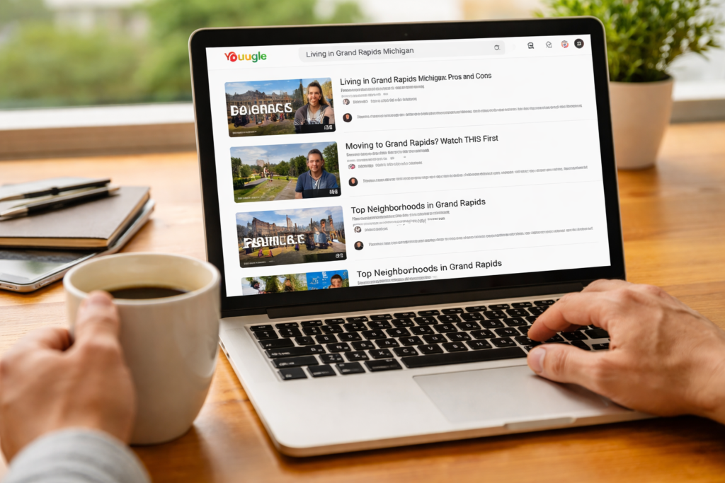 homebuyer researching cities on YouTube before relocating to a new area