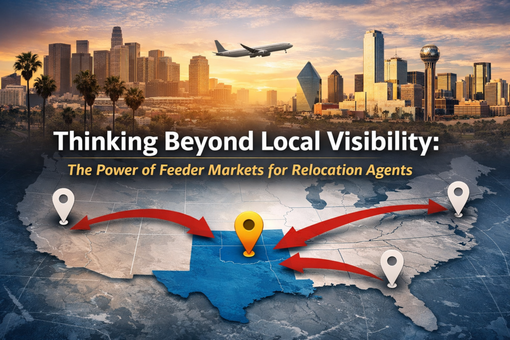 U.S. map graphic showing migration arrows into Texas, illustrating feeder market positioning strategy for relocation-focused real estate agents.