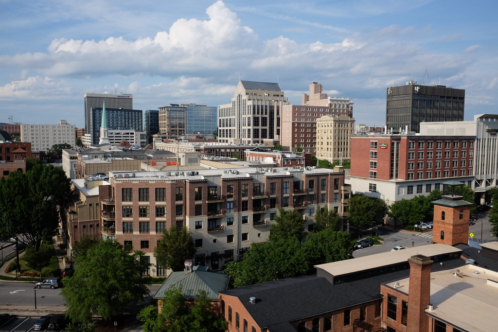 aerial view of downtown Greenville South Carolina skyline and city center buildings