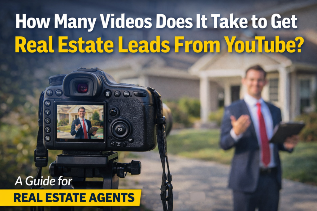 Camera recording a real estate agent creating a YouTube video about homes and neighborhoods, illustrating how agents attract buyers through video marketing.