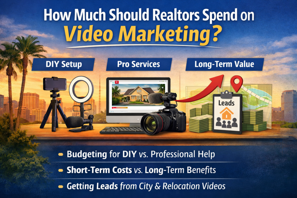 Illustration showing video marketing equipment and YouTube strategy used by real estate agents to attract relocation buyers researching cities online.