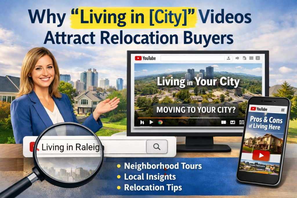 real estate agent creating YouTube videos about living in a city to attract relocation buyers