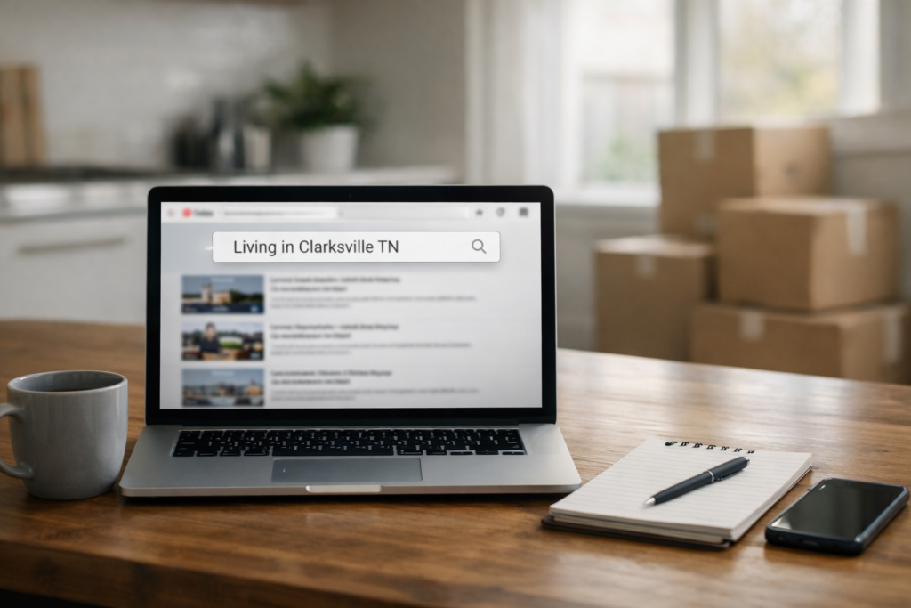 Modern kitchen table with laptop searching “Living in Clarksville TN” on YouTube, moving boxes in background suggesting military family relocation research.