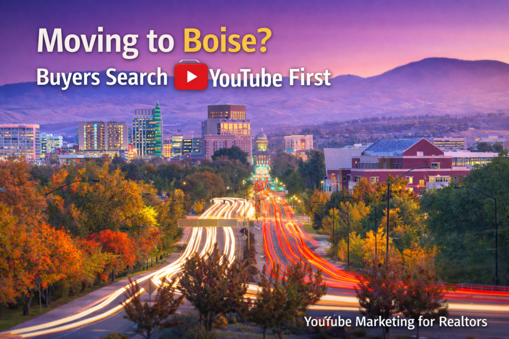 Boise Idaho skyline at twilight with traffic light trails and text overlay showing that relocation buyers search YouTube first when researching cities before contacting real estate agents