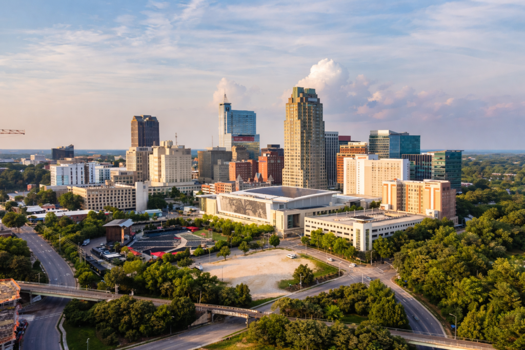 aerial view of downtown Raleigh North Carolina skyline and city center buildings