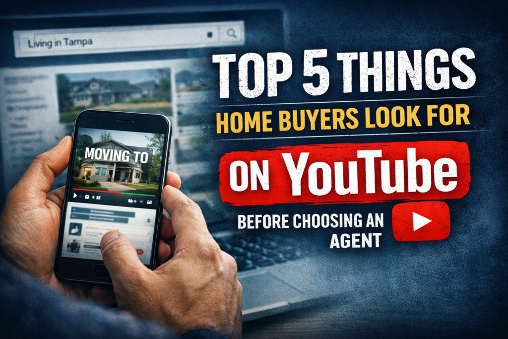 Home buyer researching houses and relocation videos on YouTube while searching for information about moving to a new city