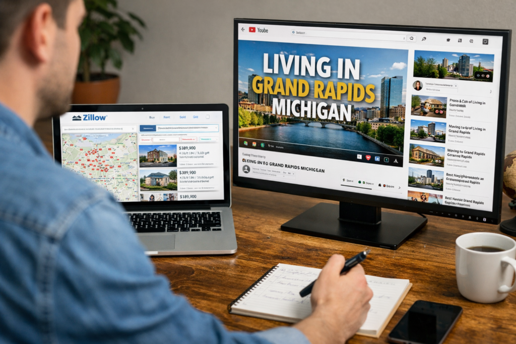homebuyer researching cities on YouTube instead of relying only on real estate listing platforms