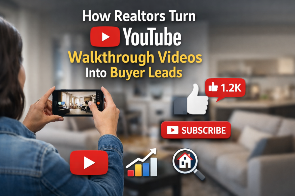 Real estate agent filming a home walkthrough video for YouTube to generate buyer leads and increase exposure