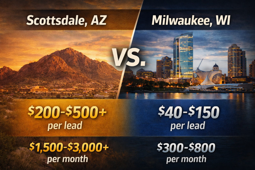 Zillow leads cost comparison between Scottsdale Arizona and Milwaukee Wisconsin showing higher costs in Scottsdale and lower costs in Milwaukee for realtors