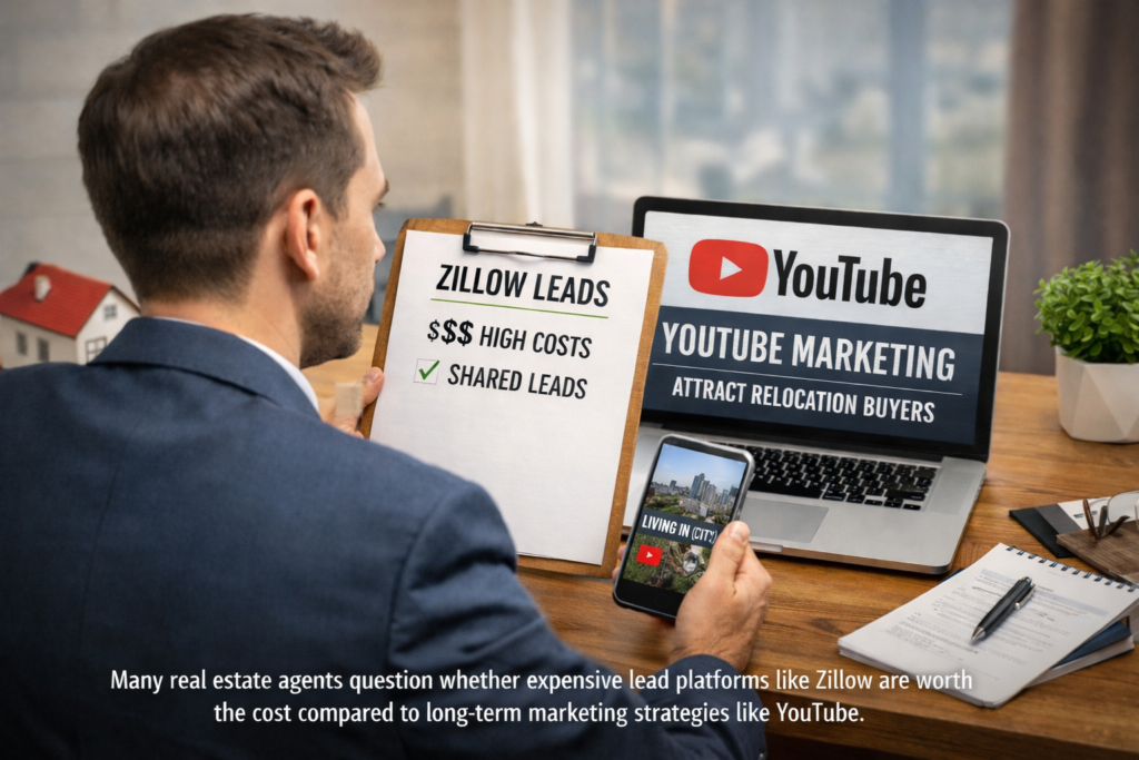 Real estate agent comparing Zillow lead costs with YouTube marketing as a way to attract relocation buyers researching cities and neighborhoods online.